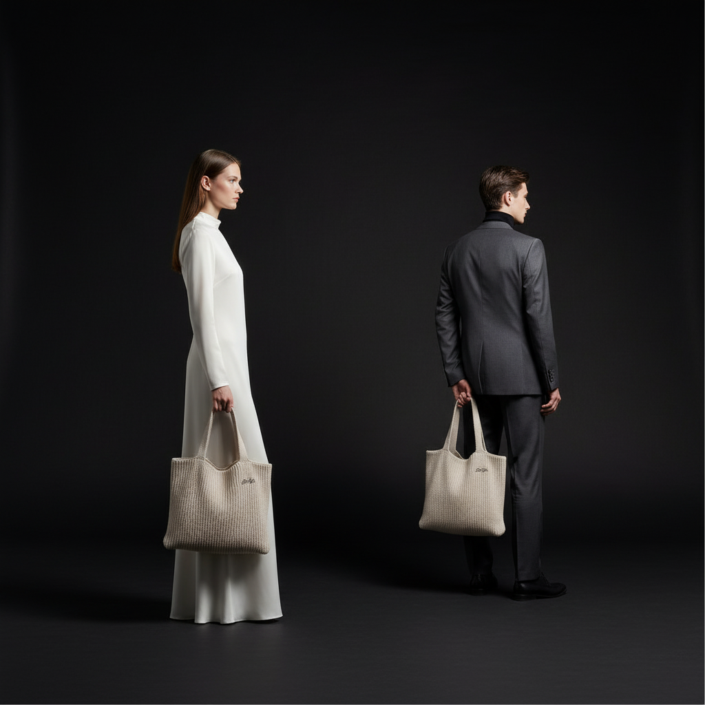 Female and male models with Berlyn tote bags in wide studio shot
