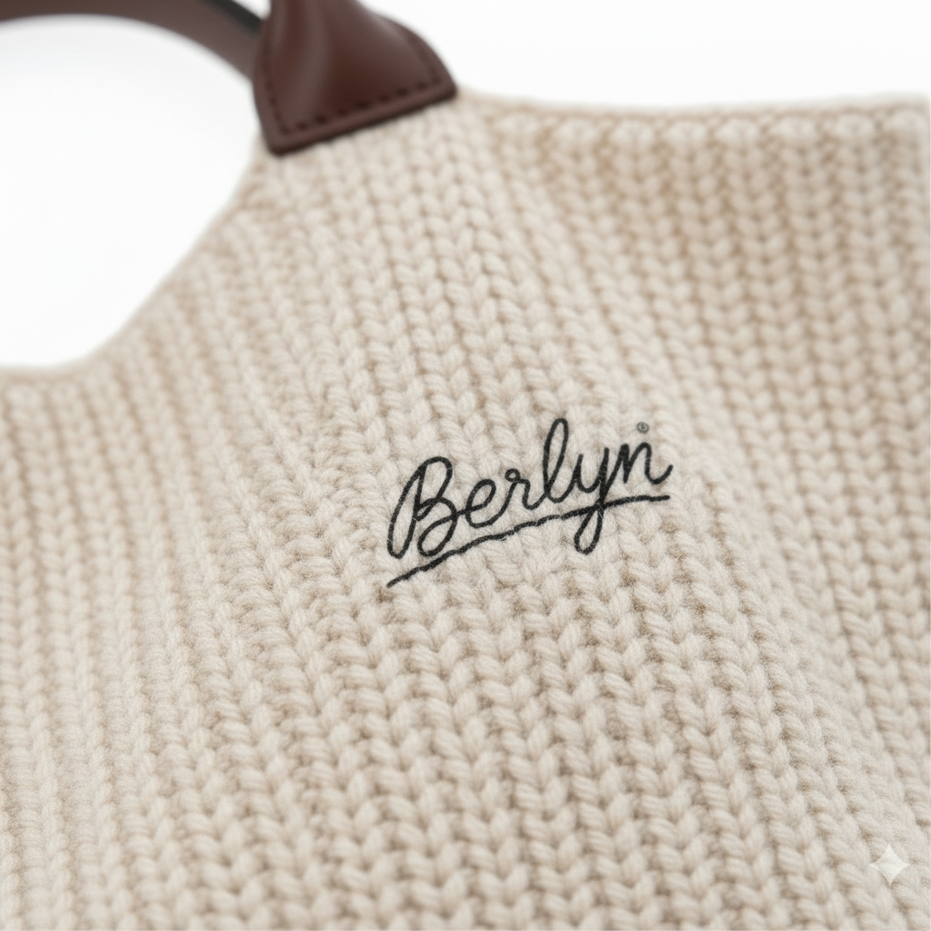 Beige knitted fabric with 'Berlyn' embroidery on a white background