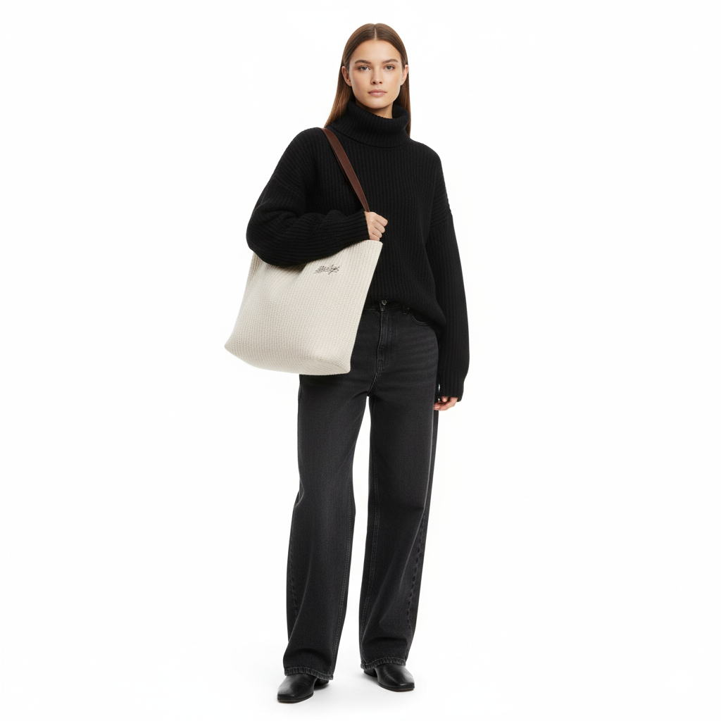 Woman holding a beige tote bag against a white background